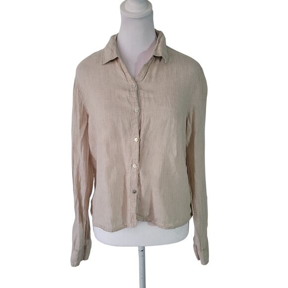 Tahari Size S	100% Linen Light Tan Long Sleeve Crop Button Up Top Collared - Picture 1 of 8